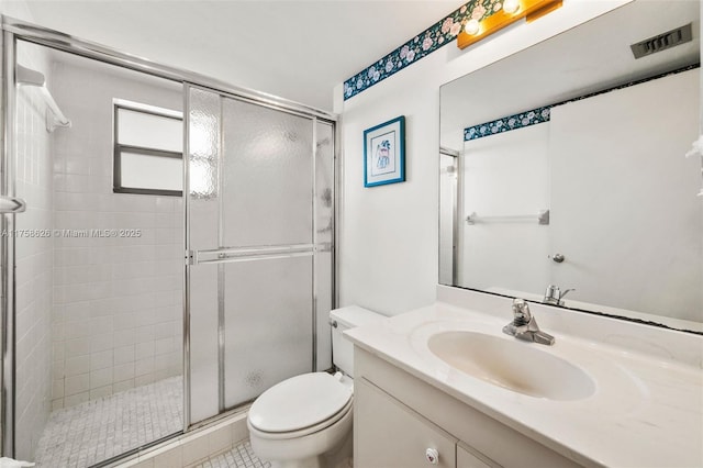 full bath featuring vanity, a shower stall, toilet, and visible vents