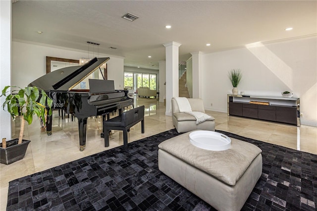 living area with stairway, visible vents, ornate columns, recessed lighting, and crown molding