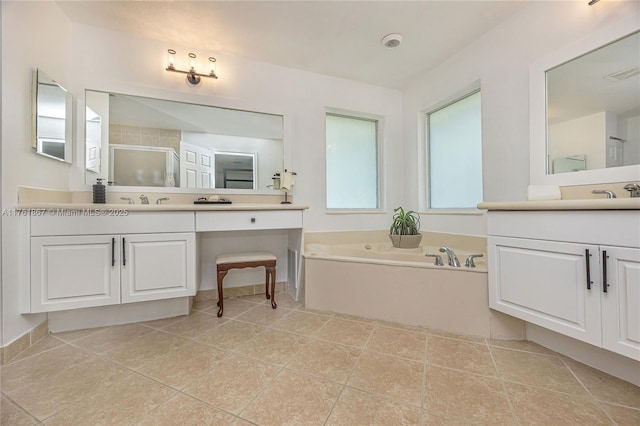 full bathroom featuring visible vents, two vanities, a stall shower, a sink, and a bath