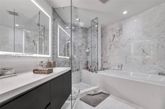 bathroom featuring visible vents, a stall shower, a bath, marble finish floor, and vanity