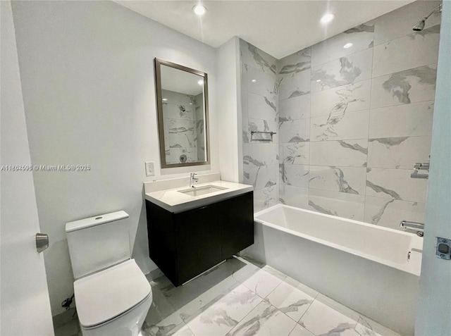 bathroom with toilet, marble finish floor, recessed lighting, shower / bath combination, and vanity