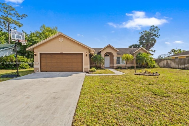 ranch-style home with stucco siding, concrete driveway, a front yard, and a garage