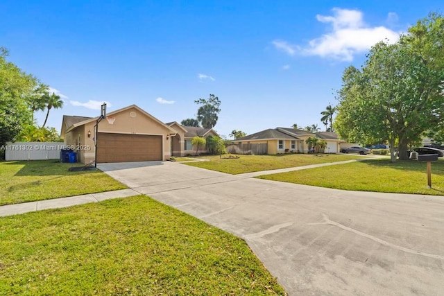 ranch-style home featuring a front yard, a garage, driveway, and stucco siding