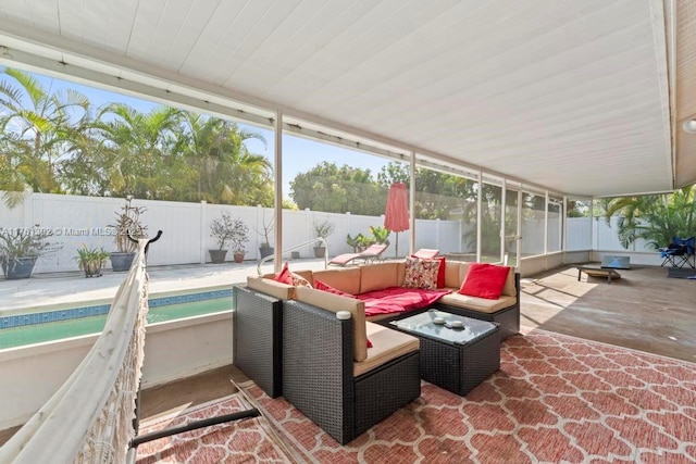 view of patio featuring a fenced in pool, a fenced backyard, and outdoor lounge area