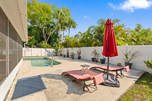 view of pool with a fenced in pool, a patio, and a fenced backyard