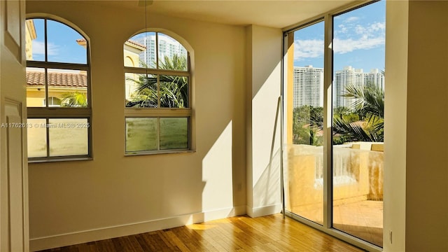 entryway featuring expansive windows, a view of city, baseboards, and wood-type flooring