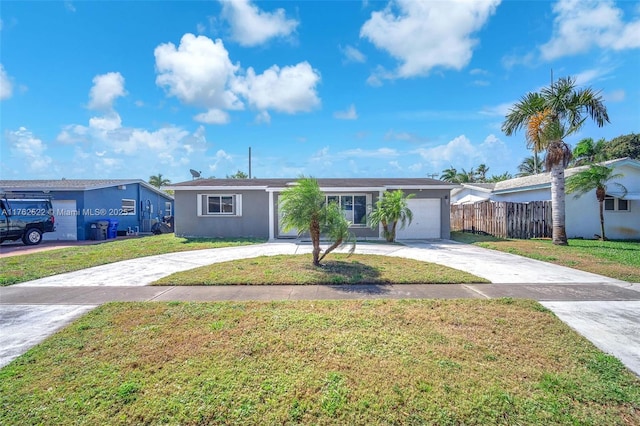 ranch-style home featuring stucco siding, driveway, fence, a front yard, and an attached garage