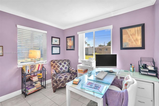 home office featuring baseboards, light tile patterned flooring, and crown molding