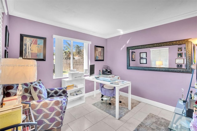 tiled office space featuring baseboards and ornamental molding