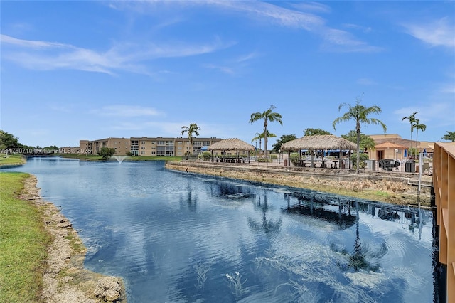 property view of water with a gazebo