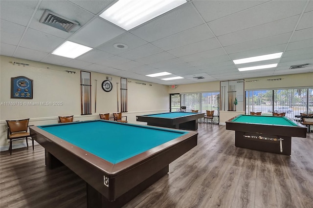 rec room featuring pool table, wood finished floors, visible vents, and a drop ceiling