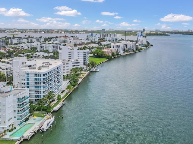 birds eye view of property featuring a city view and a water view