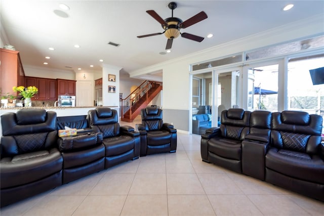 living room featuring visible vents, recessed lighting, stairway, crown molding, and light tile patterned floors