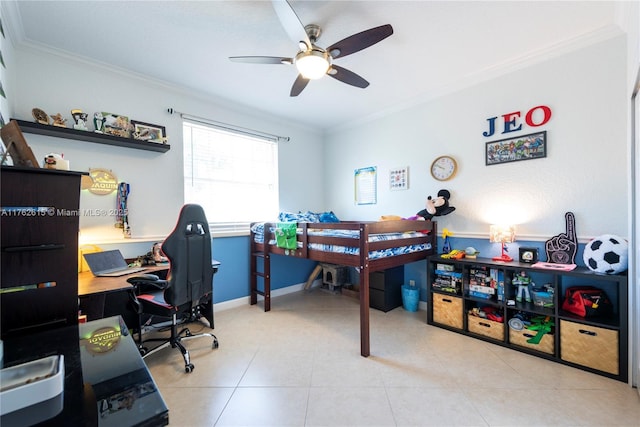 tiled bedroom with crown molding, baseboards, and ceiling fan