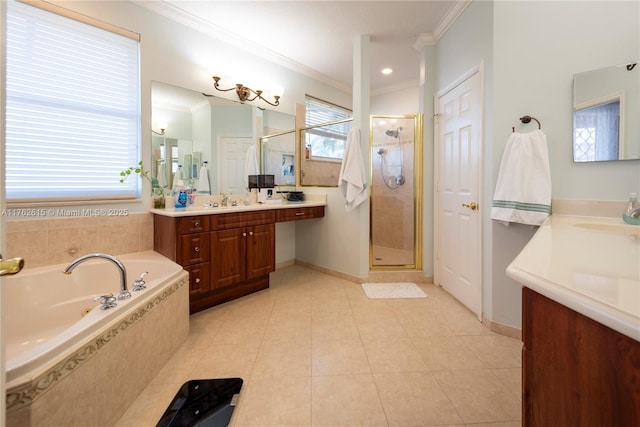 full bath with tile patterned flooring, a shower stall, a garden tub, and ornamental molding