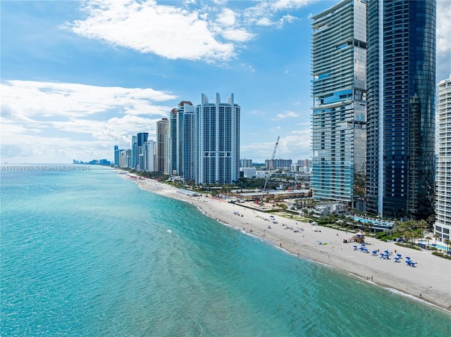 property view of water with a city view and a view of the beach