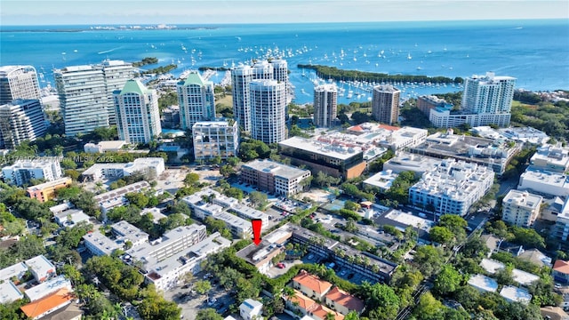 birds eye view of property featuring a city view and a water view