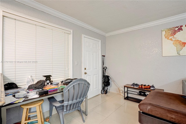 office with light tile patterned floors and crown molding