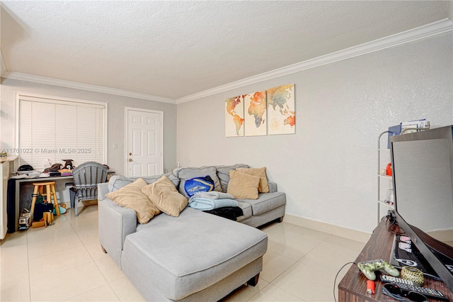 living area with light tile patterned flooring, a textured ceiling, crown molding, and baseboards