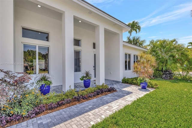 property entrance featuring a lawn and stucco siding