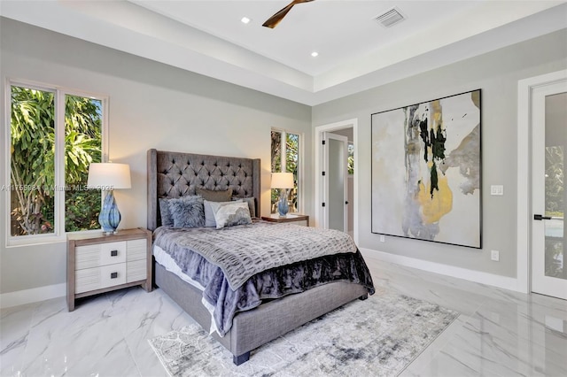 bedroom with recessed lighting, visible vents, baseboards, and marble finish floor