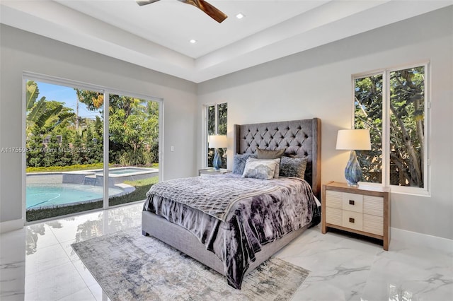 bedroom featuring a ceiling fan, baseboards, recessed lighting, access to outside, and marble finish floor