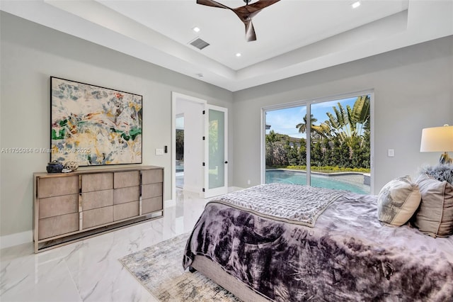 bedroom with baseboards, visible vents, recessed lighting, access to exterior, and marble finish floor