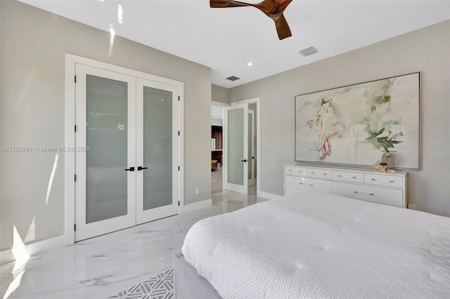 bedroom with visible vents, baseboards, french doors, marble finish floor, and a ceiling fan