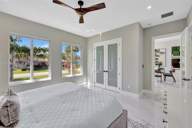 bedroom featuring visible vents, baseboards, ceiling fan, french doors, and marble finish floor