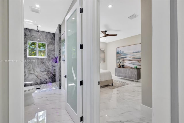 full bath featuring a marble finish shower, visible vents, toilet, marble finish floor, and ensuite bath