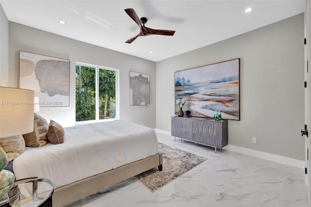 bedroom featuring recessed lighting, marble finish floor, baseboards, and ceiling fan