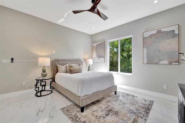 bedroom featuring recessed lighting, baseboards, marble finish floor, and a ceiling fan