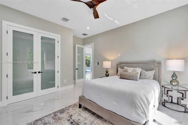 bedroom with french doors, baseboards, marble finish floor, and visible vents