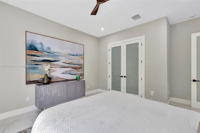 bedroom with visible vents, marble finish floor, french doors, baseboards, and ceiling fan