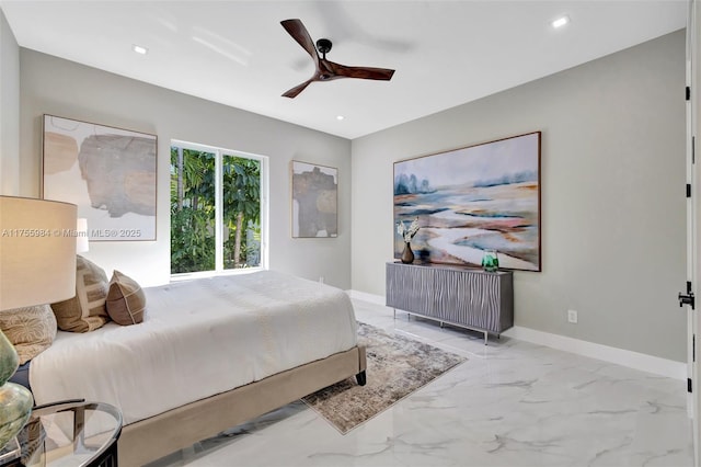 4440 NE 15th Ter, Oakland Park, FL 33334 - bedroom with a ceiling fan, marble finish floor, baseboards, and recessed lighting