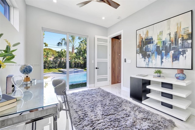 office with recessed lighting, baseboards, marble finish floor, and a ceiling fan