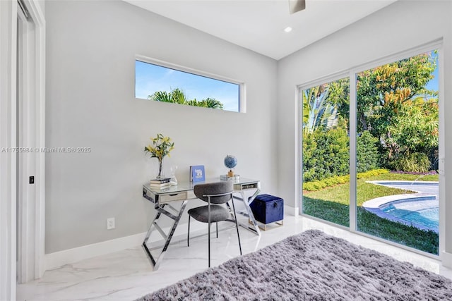 home office with recessed lighting, baseboards, and marble finish floor