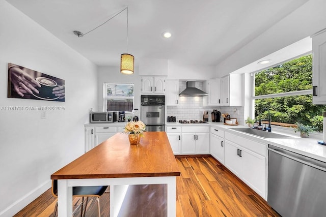 kitchen featuring light wood finished floors, a sink, stainless steel appliances, wall chimney exhaust hood, and backsplash