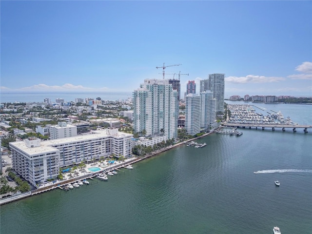 drone / aerial view with a city view and a water view