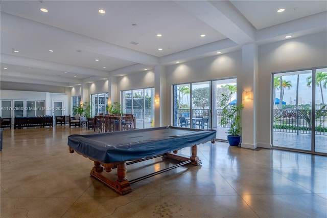 playroom with recessed lighting, visible vents, a towering ceiling, and pool table