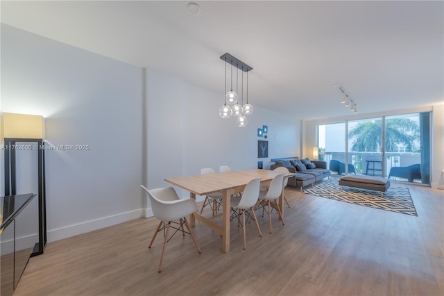 dining space with baseboards, floor to ceiling windows, wood finished floors, and track lighting