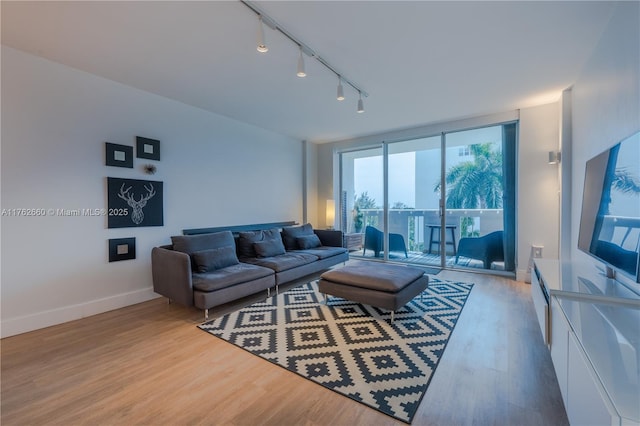 living room with floor to ceiling windows, track lighting, light wood-style flooring, and baseboards