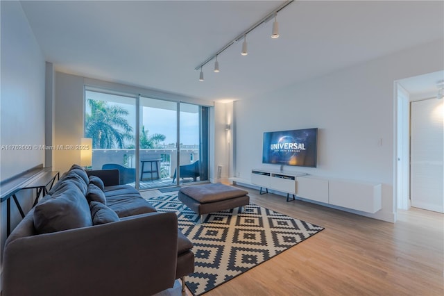 living room with a wall of windows, wood finished floors, and rail lighting