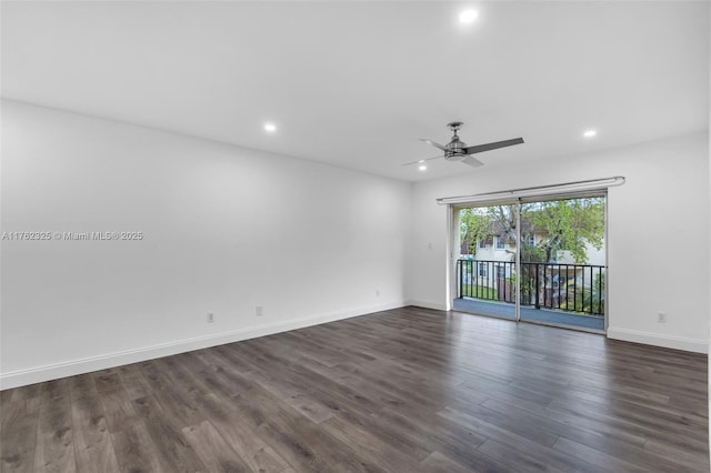 unfurnished room with dark wood finished floors, recessed lighting, baseboards, and ceiling fan