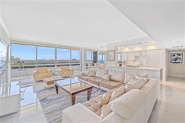 living area with baseboards, floor to ceiling windows, and crown molding