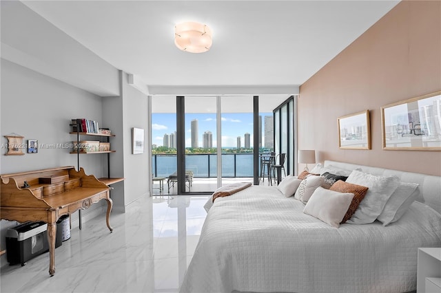 5500 Island Estates Dr Unit 604, Aventura, FL 33160 - bedroom with access to outside, floor to ceiling windows, marble finish floor, and a water view