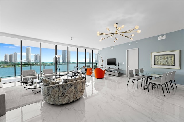 5500 Island Estates Dr Unit 604, Aventura, FL 33160 - living area with visible vents, a notable chandelier, a city view, marble finish floor, and floor to ceiling windows