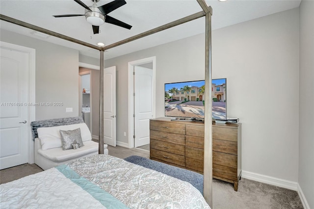 bedroom featuring a ceiling fan, light colored carpet, and baseboards