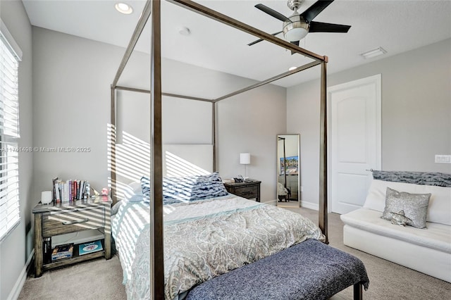 bedroom with visible vents, baseboards, ceiling fan, carpet flooring, and recessed lighting