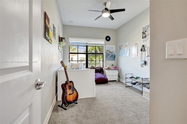 bedroom featuring baseboards, carpet, and ceiling fan